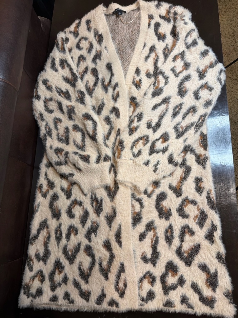 INC International Concepts Fuzzy Leopard Print Cardigan in Cream and Brown
